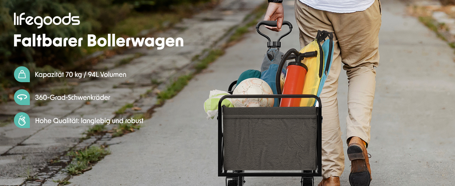 Візок-тачка LifeGoods розкладний сірий – 98x45 см, 94 л, поворотні колеса