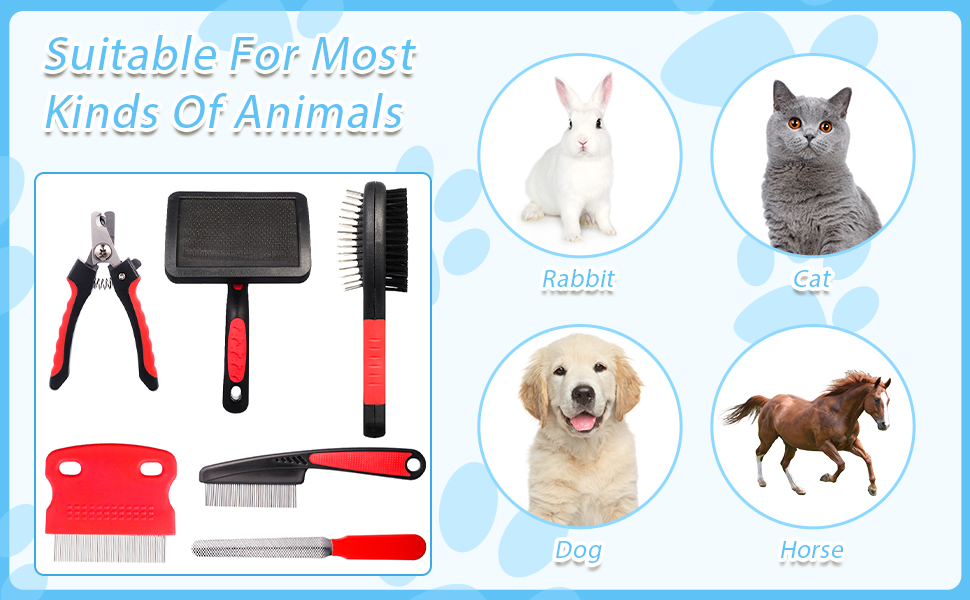 Набір для догляду за шерстю собак та котів Tonyg-p: щітка, гребінець від бліх, стригувач та пилка для нігтів (6 шт)
