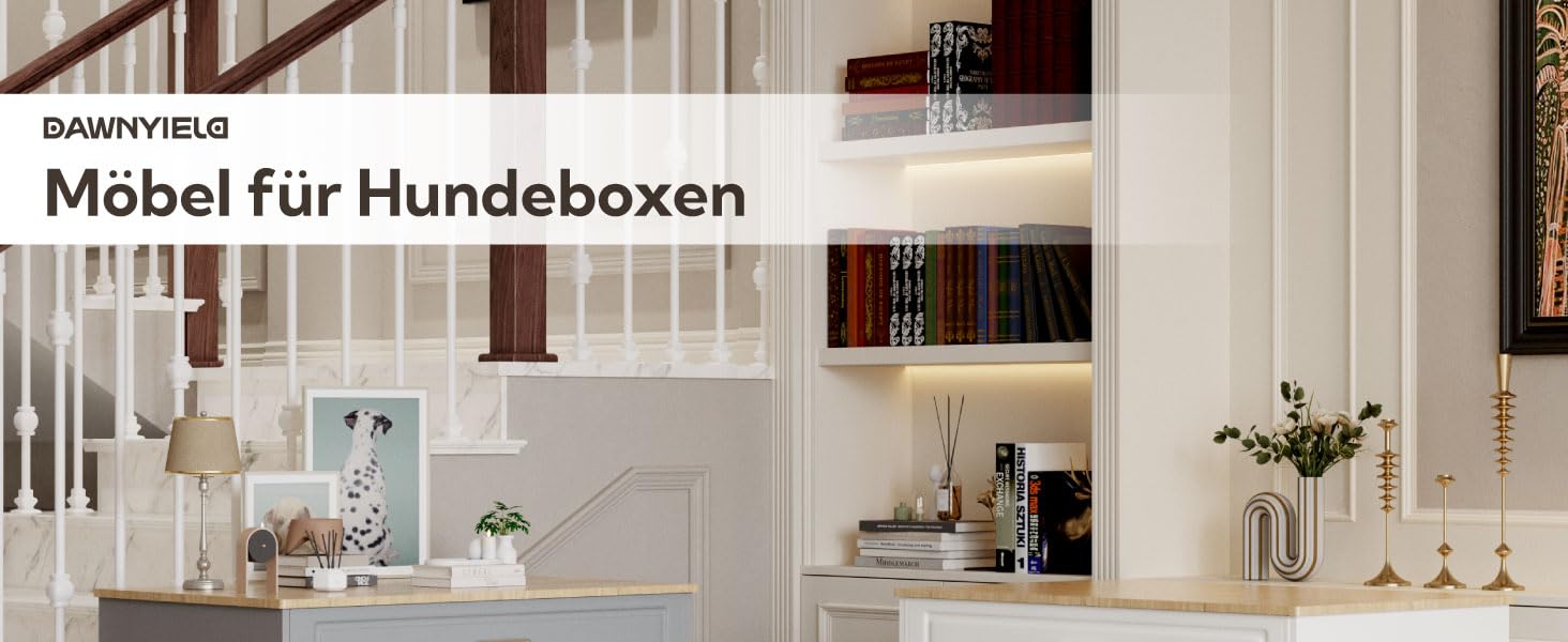 DAWNYIELD Клітка для собак, меблі, дерев'яна з відкидною дверцятами та шухлядою, стиль меблів, внутрішній вольєр для собак, стіл з поворотним миском на 360°, білий колір, біла розсувна дверцята (сіра розсувна дверцята)