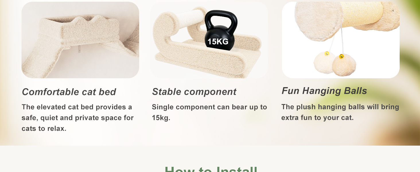 Комплекс для котів BYBYME з гамаком, ліжком та високими полицями для кількох котів, плюшевий лежак, когтеточка та стовпчики з сизалю, 6 шт., міцні меблі для лазіння (бежевий, 5 шт. з довгою перемичкою)