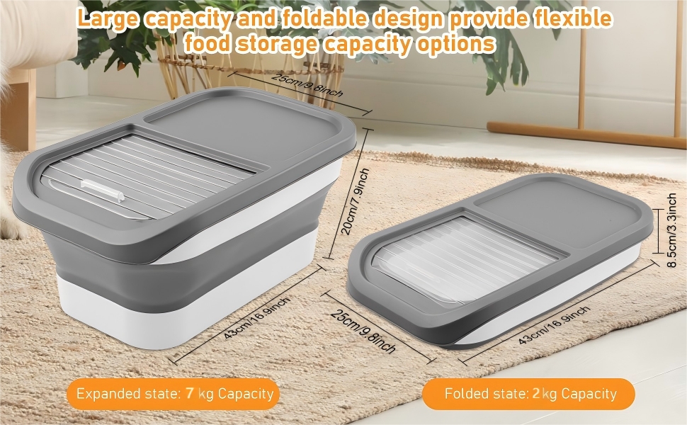 Контейнер для корму для собак та котів, 7 кг, сірий, з мірним стаканом та ложкою