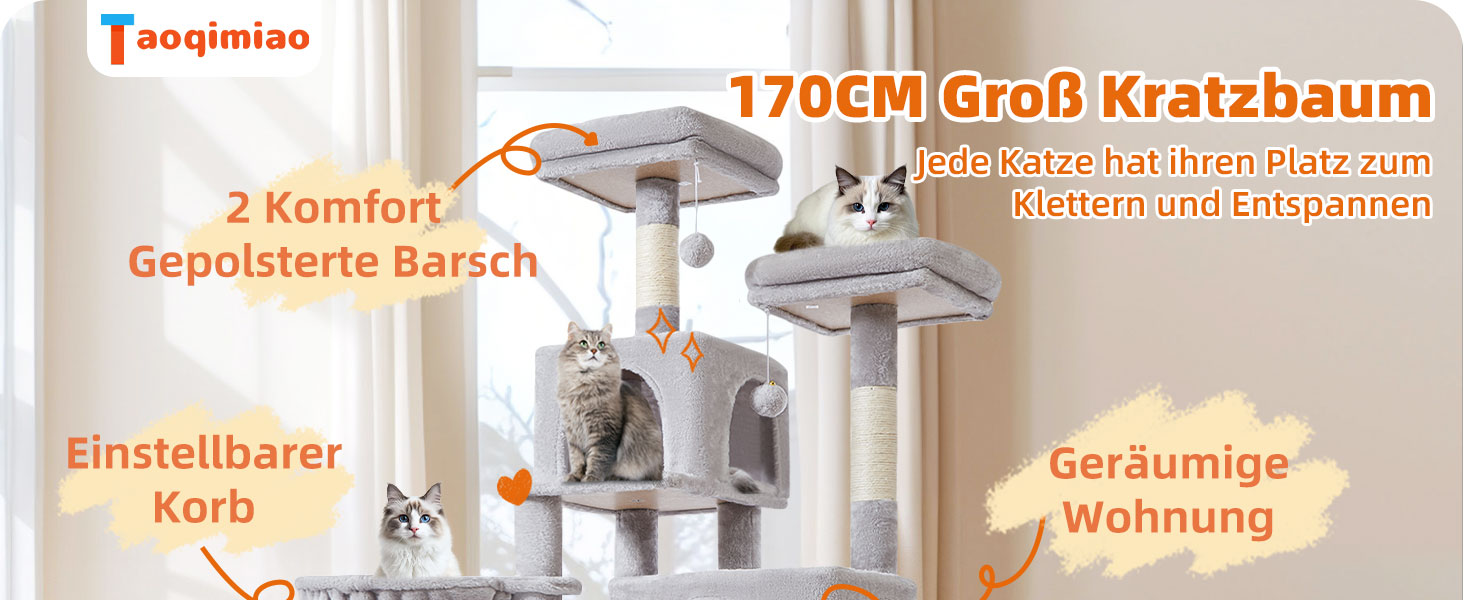 Дерево для котів Taoqimiao 170 см, велике, з будиночками, гамаком, корзиною, 8 стовпчиками для шліфування, 2 платформами, сірий MS013W