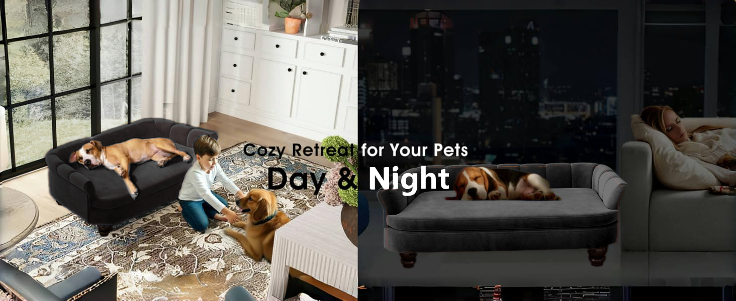 Диванчик для собак SEYNAR: зручний лежак для великих та середніх собак, м'яке велюрове покриття, міцні собачі меблі для вітальні, миється, чорний колір