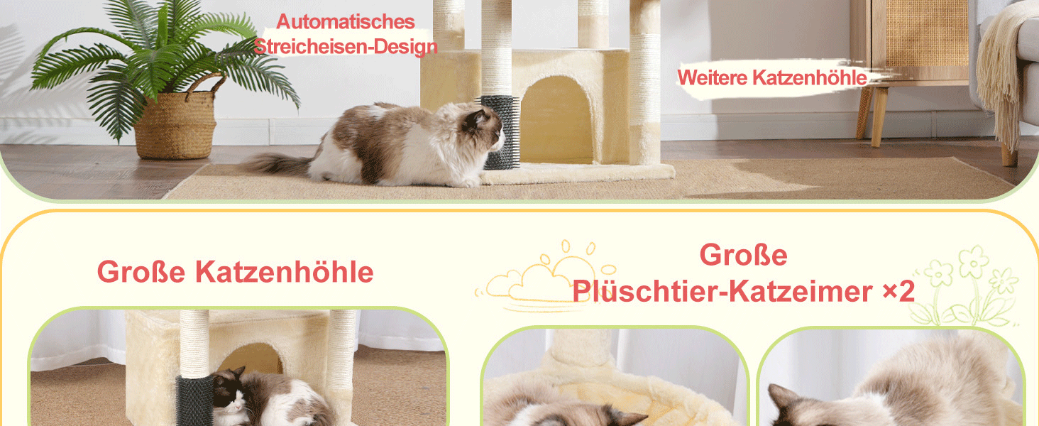 Котячий будиночок Hey-brother Kratzbaum для великих котів та Мейн-кунів, багатоярусний, з 2 платформами, 2 будиночками, великою печерею та щіткою, EMPJ070W (Бежевий)