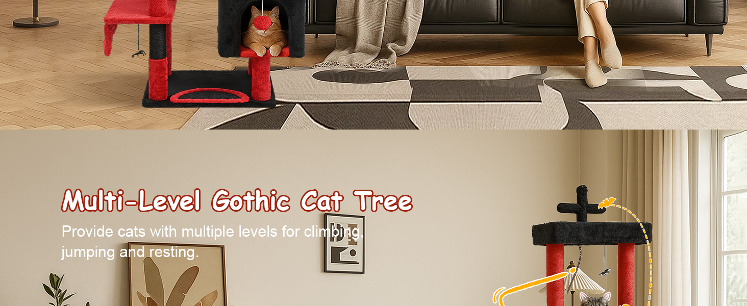 Драбинка для котів BYBYME у готичному стилі на Halloween, 168 см, стійкий комплект котячих меблів з ліжком, будиночком, гамаком та стовпчиками для шліфування кігтів (чорно-червоний), підлоговий