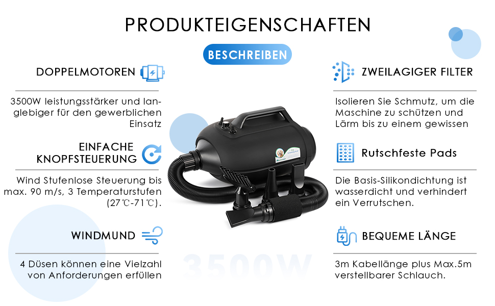 Сушарка для собак Mxmoonant 3500W з подвійним мотором - для великих і довгошерстих собак, професійний догляд за тваринами, 4 насадки та велика щітка