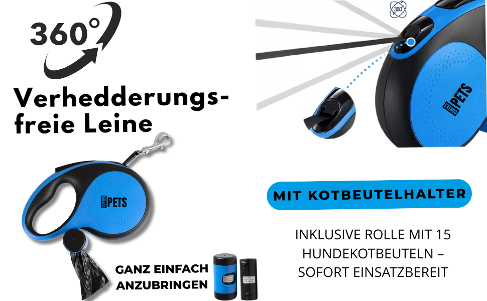 Висувна поводок для собак CORTESPETS® 5м, до 50 кг, блакитний | Високоякісний рулонний поводок