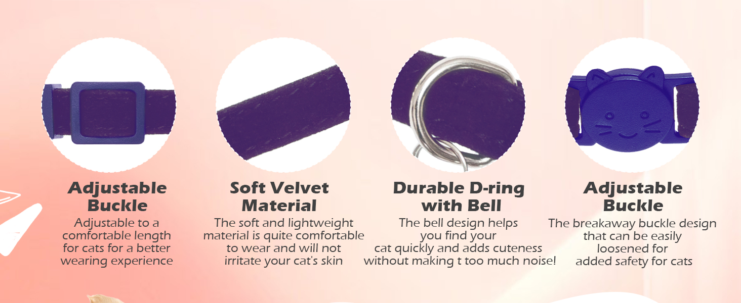 Нашийник для котів ExPawlorer з дзвіночком та стразами, м'який оксамит, безпечний, регульований, для котів та маленьких собак, 2 шт. (чорний та фіолетовий), 9'-12'