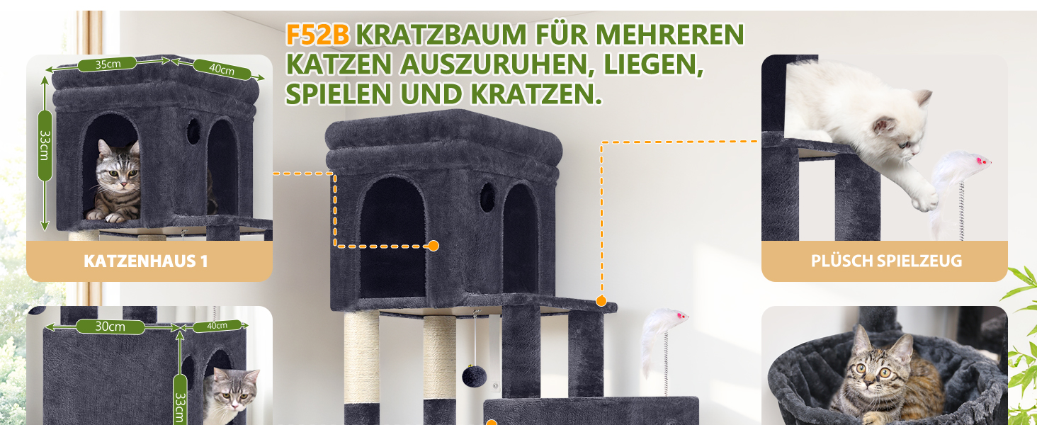 Дерево-кіготь Globlazer для котів на 2-4 котів з великою печерею, м'яким гніздечком, сходами з сизалю, іграшками, стабільним дизайном, висотою 133 см (XL, темно-сірий)