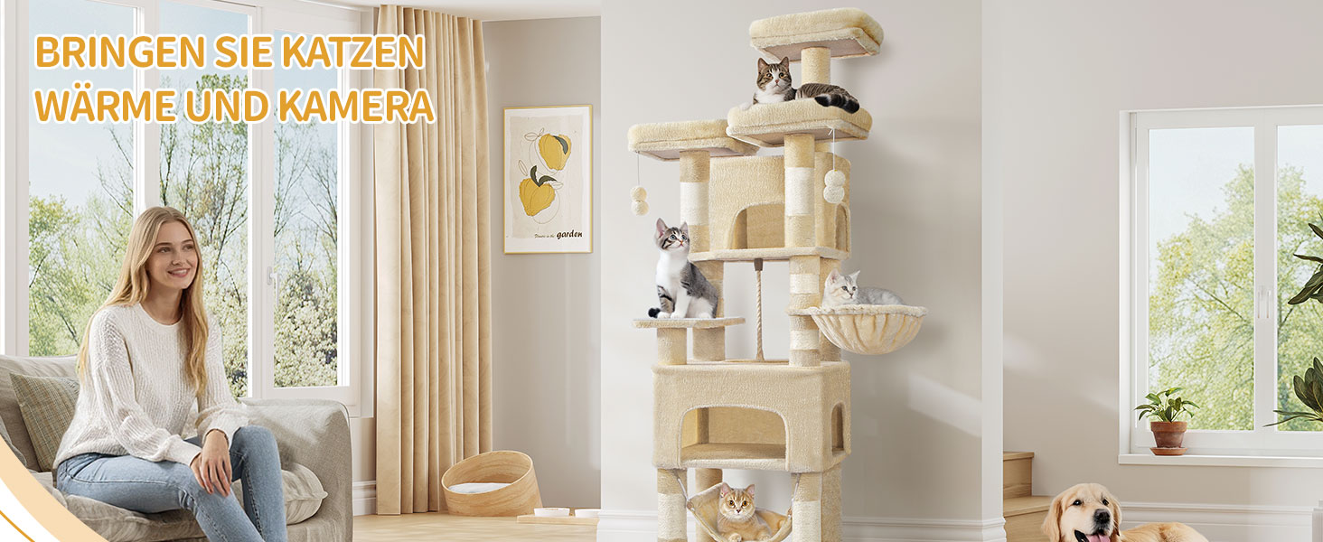 Комплекс для котів Hzuaneri Kratzbaum 156см, 3 платформи, 2 печери, бежевий - ідеальний для багатокотових родин
