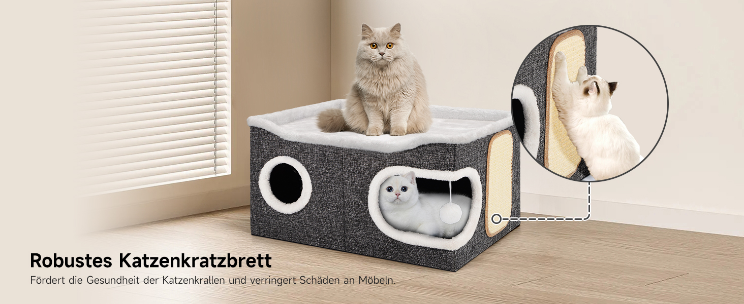 Шика Будинок-печеринка для котів, великий закритий будиночок для котів, 61T*45B*32H см, двоярусний куб для котів, XXL печеринка для котів з когтеточкою та іграшкою, будиночок-печеринка для маленьких та середніх тварин, великий, сірий