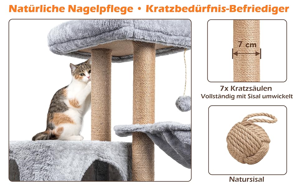 Високий ігровий комплекс для котів Kratzbaum з сизалевими стовпами для дряпання, пастельно-сірий, 145 см