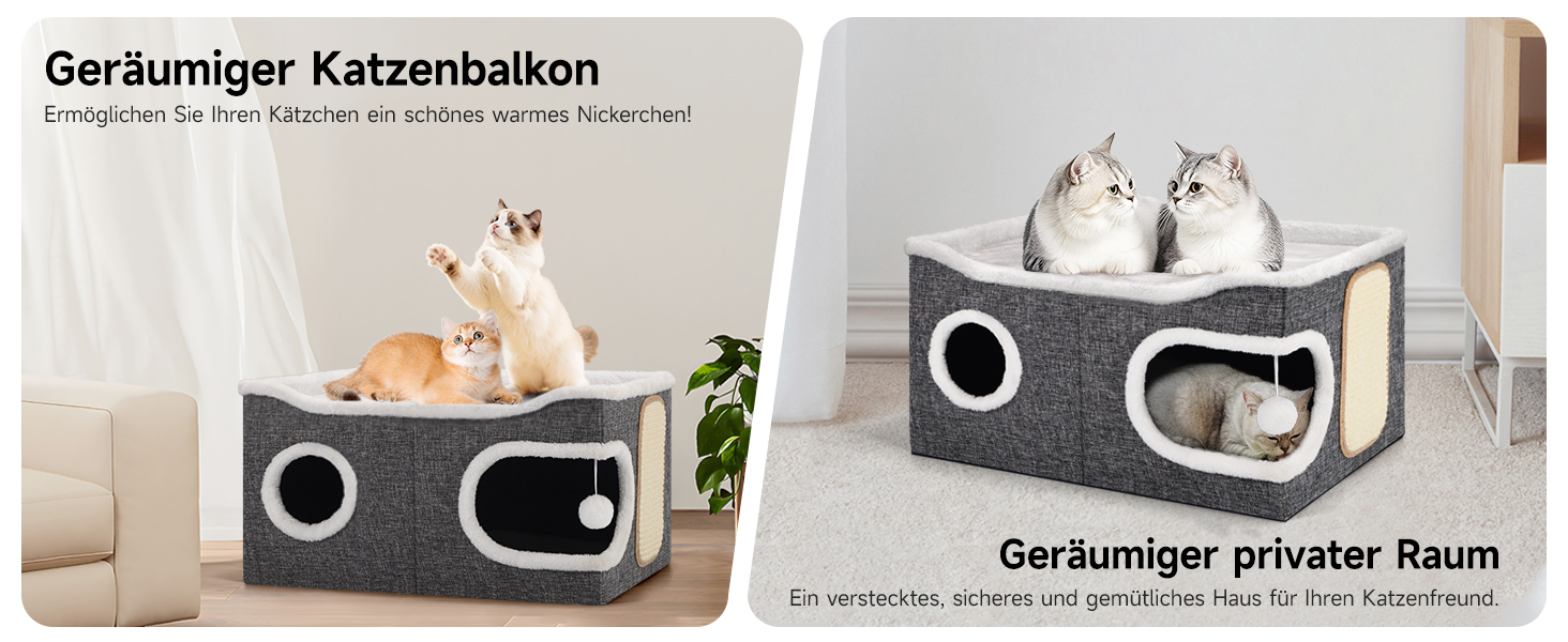 Шика Будинок-печеринка для котів, великий закритий будиночок для котів, 61T*45B*32H см, двоярусний куб для котів, XXL печеринка для котів з когтеточкою та іграшкою, будиночок-печеринка для маленьких та середніх тварин, великий, сірий