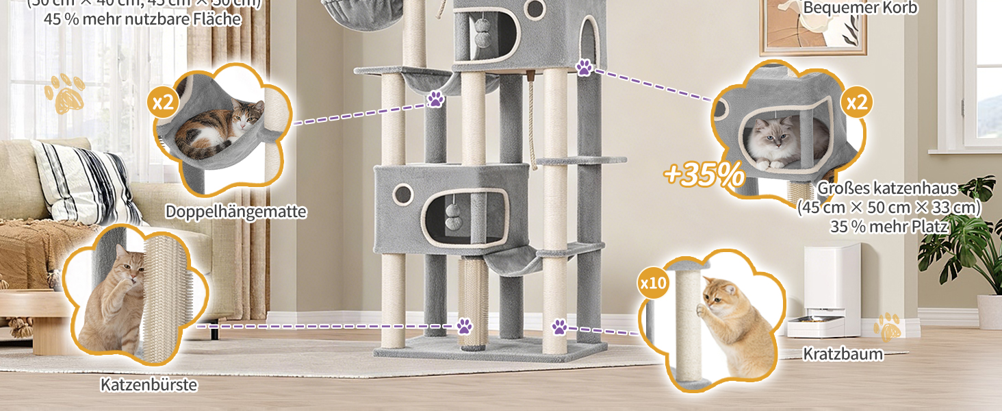 Комплекс для котів Hzuaneri Kratzbaum 213 см XXL: Дряпка-стовпчик, будиночок, платформа, лежак для Maine Coon (Світло-сірий)