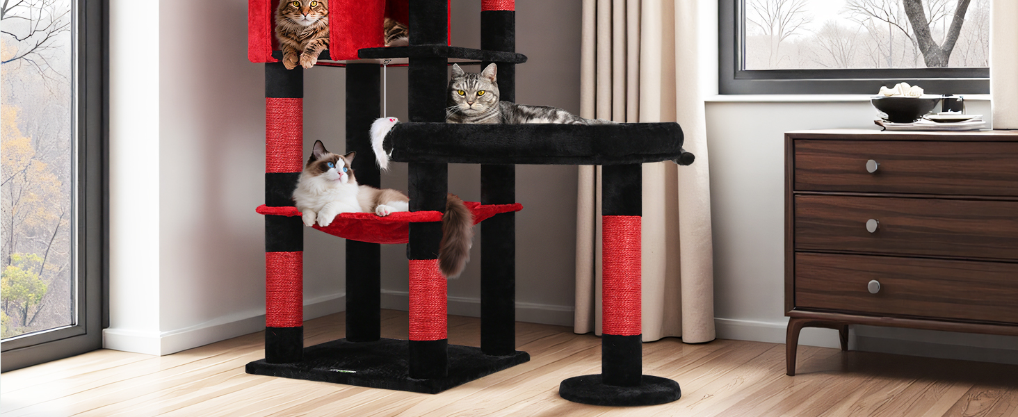 Комплекс для котів Globlazer Kratzbaum 165 см для великих котів: будиночок, платформа 48x42 см, гойдалка-гамак, стійки для дряпання (Gotisch)