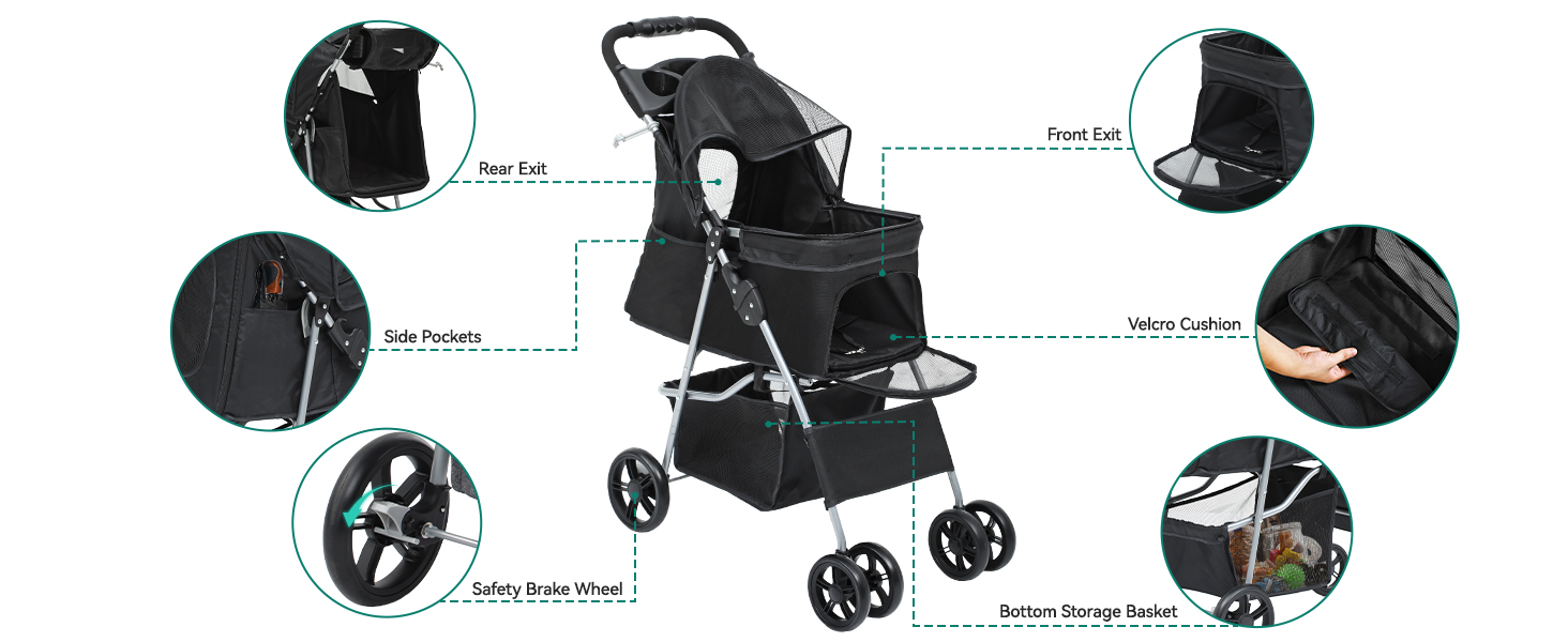 Візок для собак та котів YITAHOME, до 15 кг, з сітчастими віконцями, тримачем для напоїв та кошиком для речей (Чорний)