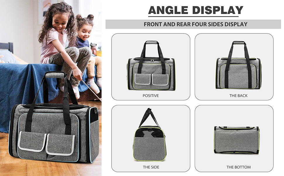 PETCUTE Транспортна сумка для кота, розкладна, з м'яким флісовим ліжком, 2 сторони відкривання, дихаюча сумка-переноска для кота з бічними кишенями, схвалена авіакомпаніями, світло-сіра, M