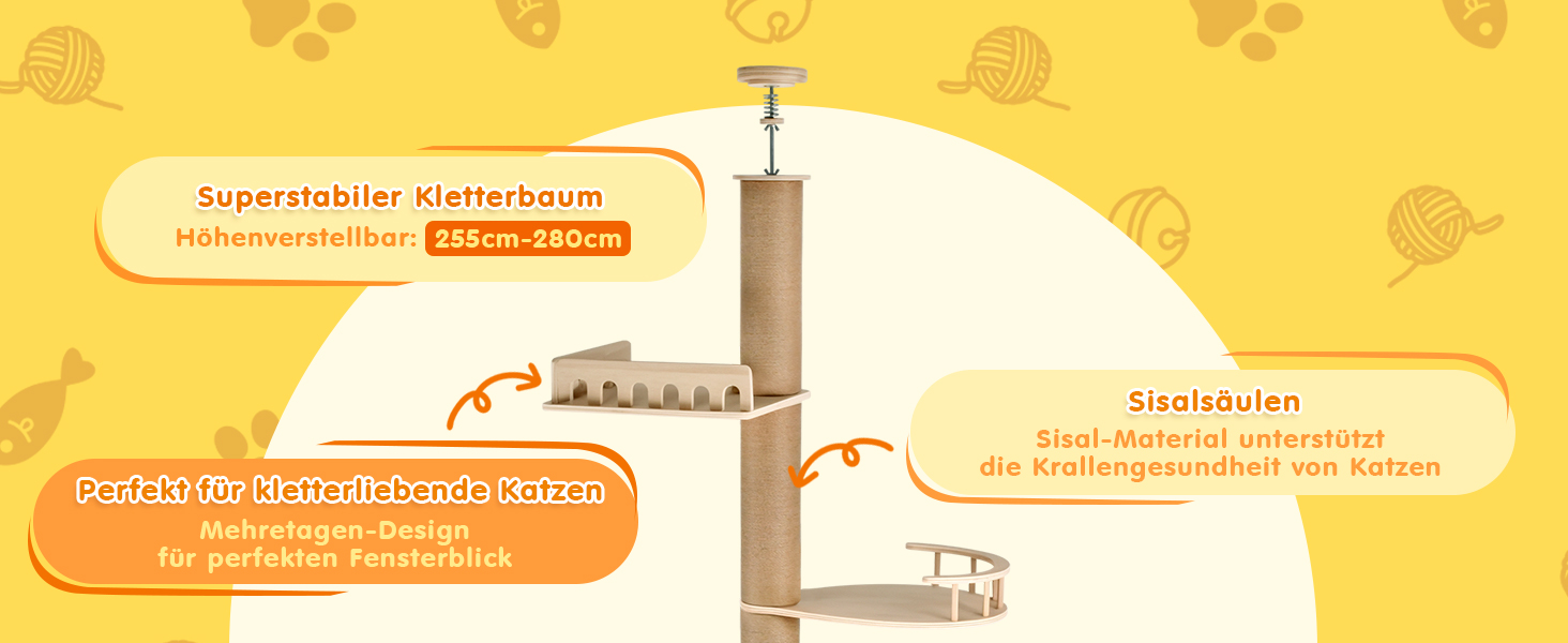 Комплекс для котів Kratzbaum з 5 поверхів, до стелі, регульована висота (255-270 см), з огорожами та сизалевими стовпами, котячий будиночок з капсулою та плетеним кошиком