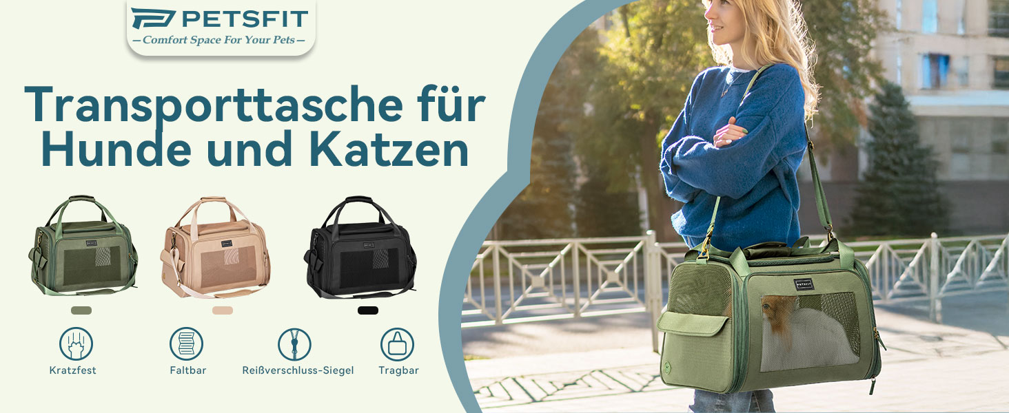 Транспортна переноска для котів та собак Petsfit, складна сумка-переноска, 47L x 30B x 30H см, оливковий колір
