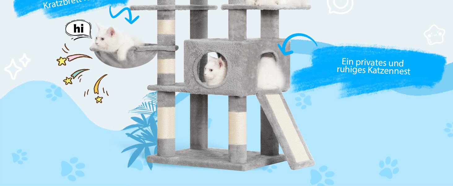 Багатоярусний котячий будиночок Hey-brother Kratzbaum з лежаком, гамаком та котячим будиночком, 145 см, сірий EMPJ057W