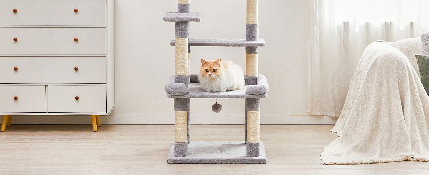 Ігровий комплекс для котів Katzenbaum (139 см) з гамаком, збільшеними платформами та сизалевими стовпами для дряпання, багатоярусний когтеточка-замок, світло-сірий