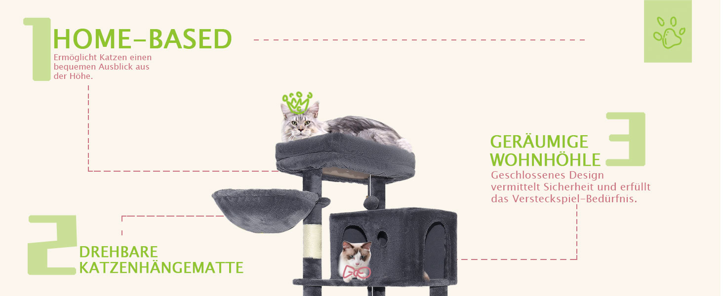 Котячий комплекс LEEJARD XXL: великий дерев'яний будиночок для котів з платформами, когтеточками, будиночком, гамаком, іграшками та захистом від перекидання (148 см, темно-сірий)