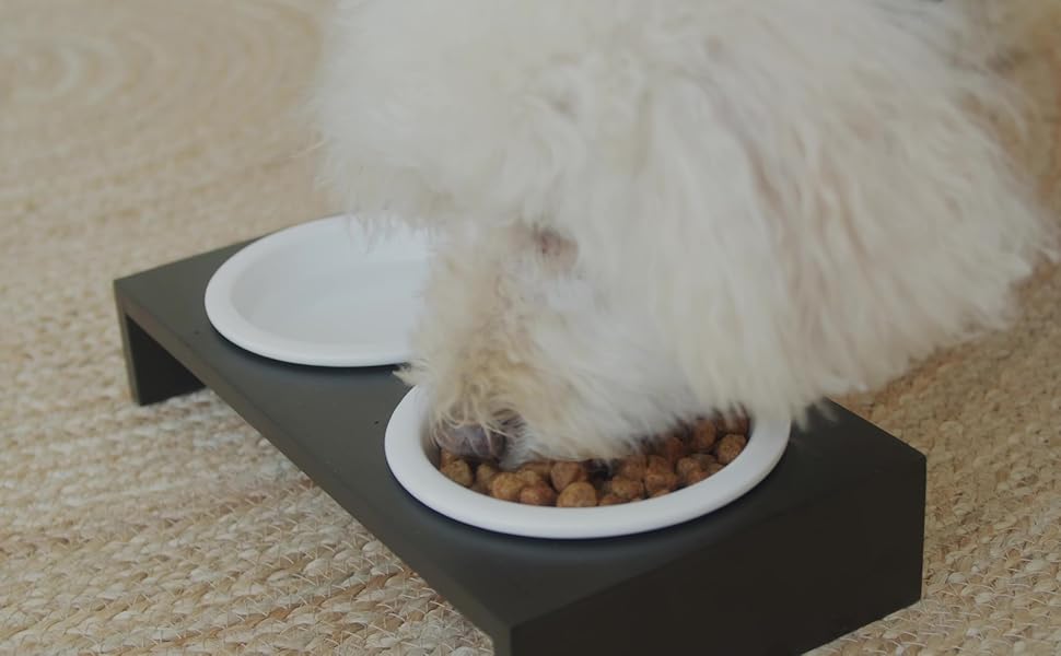 Підвищена годівниця для котів PETLINUS: керамічна та дерев'яна, для котів та маленьких собак (чорна)