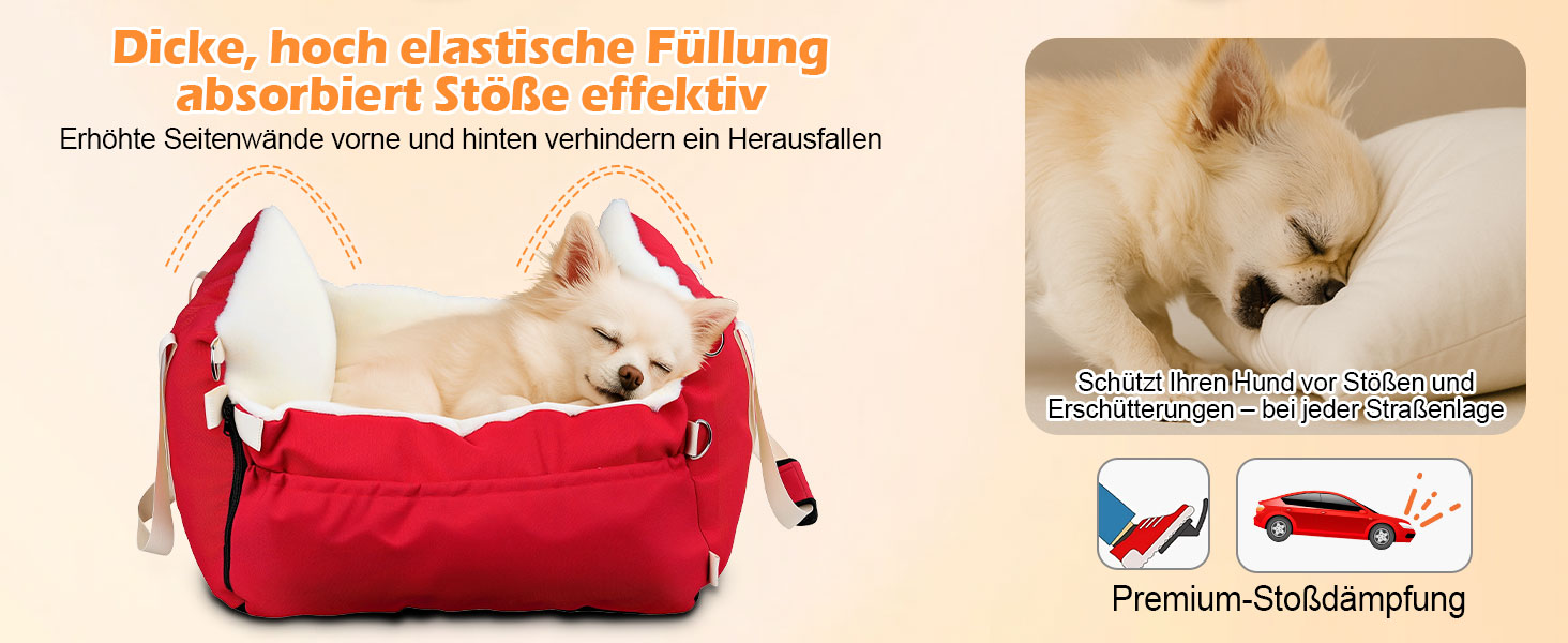 Автокрісло для собак 3-в-1 - переносна ліжко для маленьких собак, з розширеною лежачою поверхнею та м'яким матрацом, для переднього або заднього сидіння, внутрішнє та зовнішнє використання (червоний)