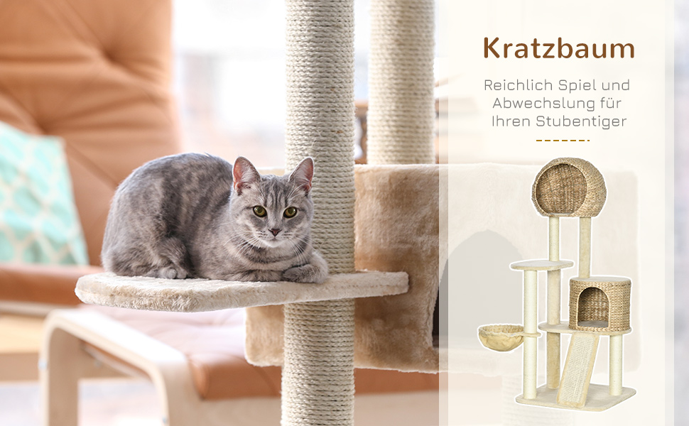 Дерево для котів Pawhut 150 см з будиночком, гамаком, сизалевою колоною та рампою, захистом від перекидання, плюшем, бежеве