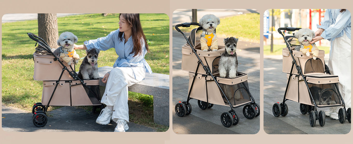 Складаний візок для собак на 2 яруси, переноска для домашніх тварин до 24 кг, візок для собак з сітчастими віконцями, ремінь безпеки, 4 колеса, складаний візок для котів та маленьких собак (колір: коричневий)