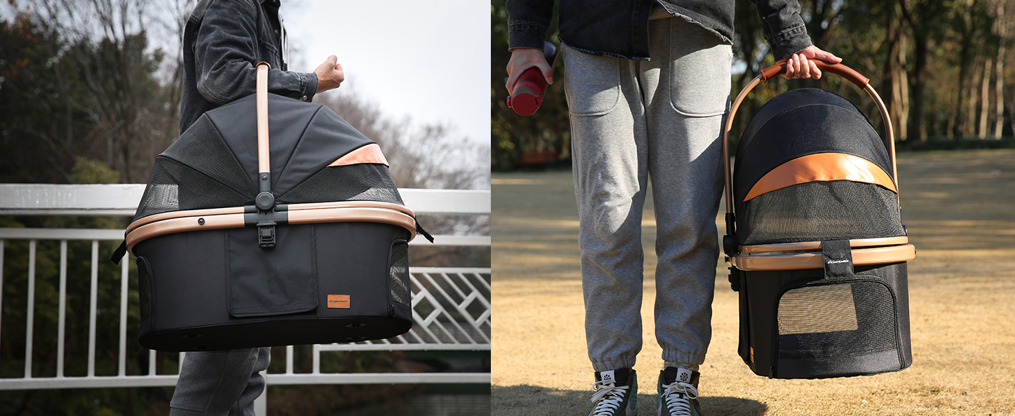 Візок для собак та котів EchoSmile 20 кг, 4-в-1, чорний: складаний, з колесами 360°, сітчастими вікнами