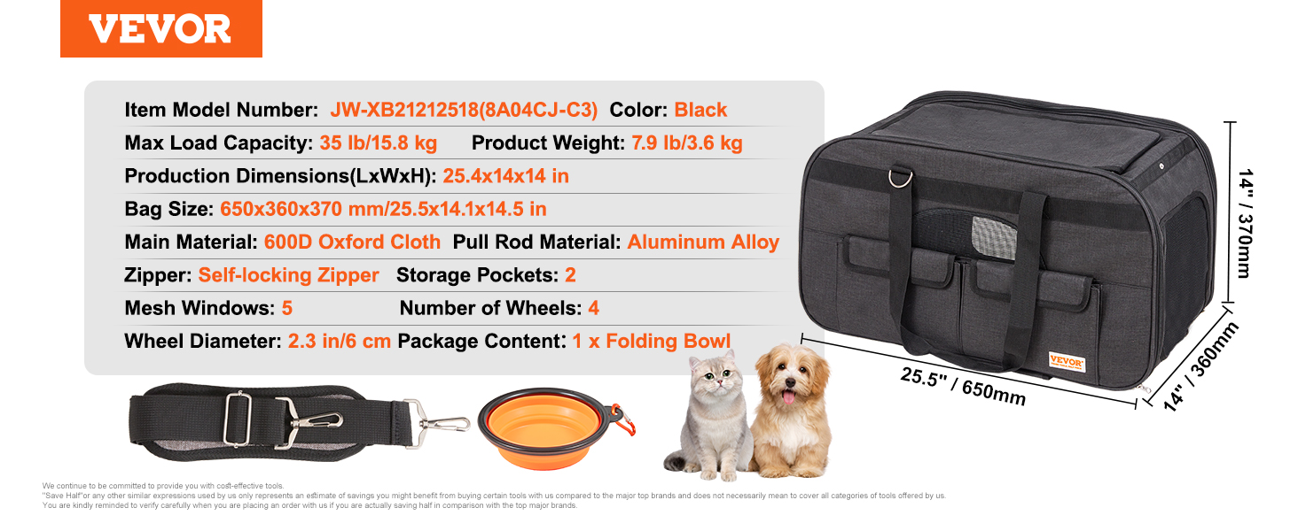 Тролей для собак VEVOR, 15.8 кг, чорний. Зручний рюкзак-переноска для собак, 600D Oxford, 4 колеса, для подорожей та вигулу