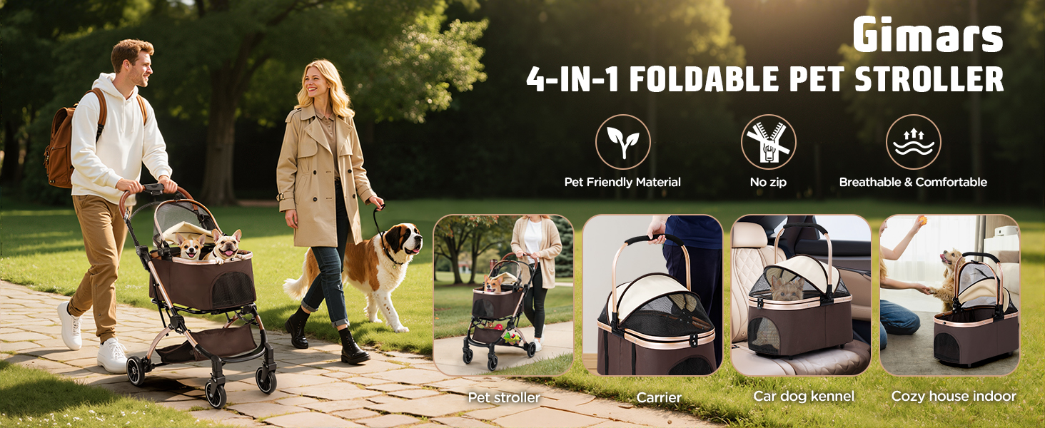 Візок для котів та собак Gimars 20кг, 4-в-1, складання, поворот 360°, гумові колеса, гальмо, захист від дощу, регульована ручка, хакі