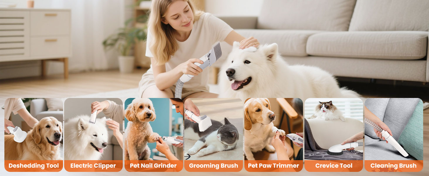 Машинка для стрижки собак Nobleza з пилососом, потужність 12000 Па, видаляє 99.99% шерсті, тиха, для собак та котів, 7 насадок, об'єм контейнера 2.5 л