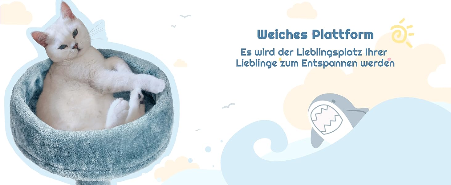 Котячий комплекс Yaheetech Meer Kratzbaum, великий, сучасний дизайн 'Океан', з гамаком та мотузкою з сизалю, 115 см, блакитно-білий