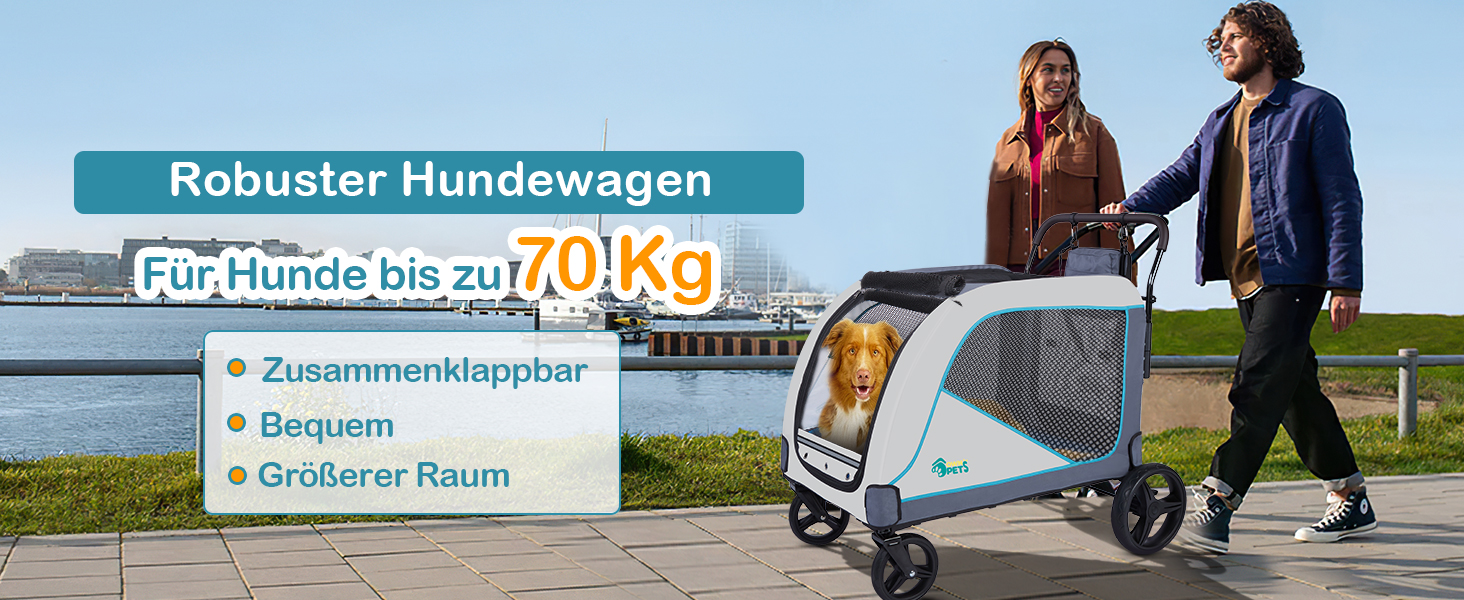 Візок для собак Ownpets XL для великих собак до 70 кг, з місткою сумкою, регульованою ручкою, дихаючим мережем, складний, 4 гумові колеса