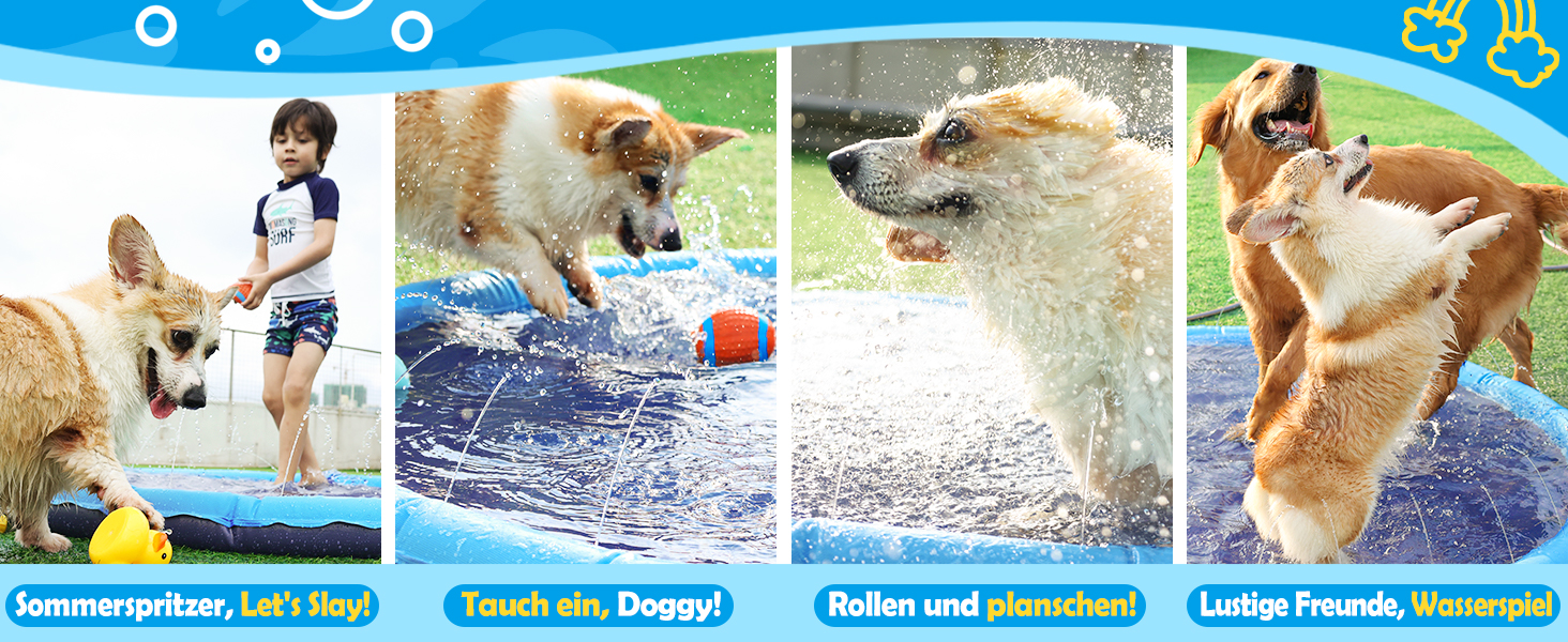 Басейн для собак Peteast великих і малих порід, дітей, 59 дюймів (150 см), розкладний, іграшка для води, антиковзаюча, блакитний