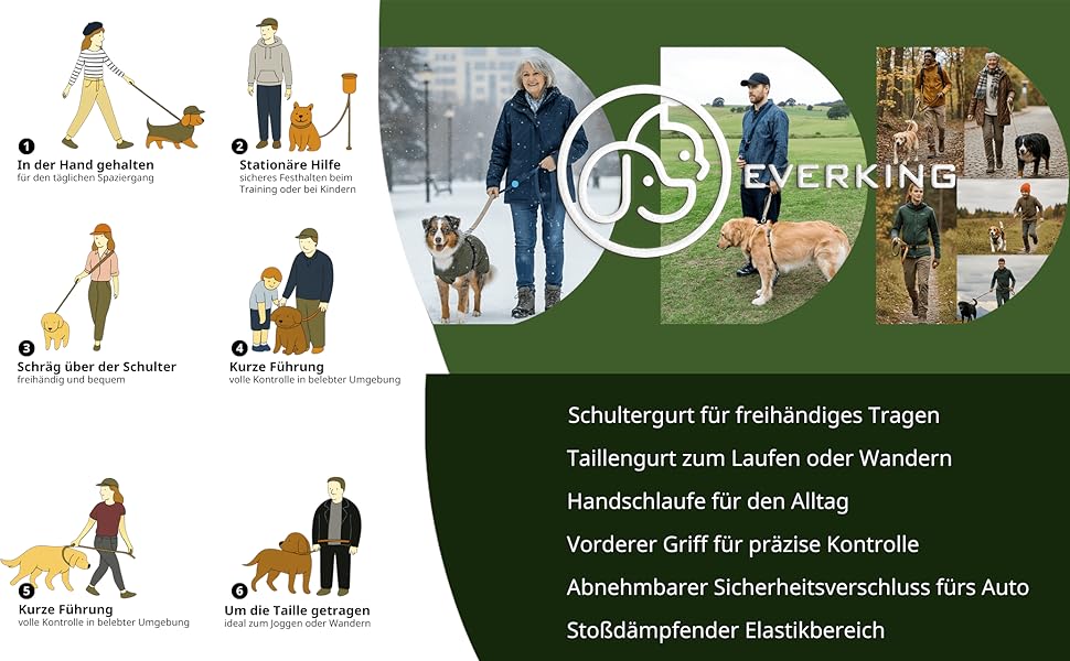 EVERKING 6-в-1 повідок для собак з живітним ременем – повідь для бігу та прогулянок, з двома ручками, антишокова пружина, кріплення для авто, альтернатива шлейці (Блакитний, Сірий, Блакитний, Хакі)