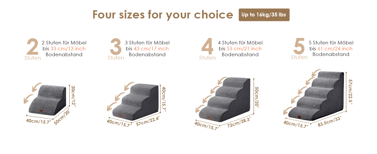 Сходинки для собак EHEYCIGA - 50 см, сірі. Зручні сходи для маленьких собак до дивану/ліжка. 4 сходи, матеріал - високощільний губчастий, з антиковзким покриттям та знімним чохлом. Розміри: 72 x 40 x 50 см.