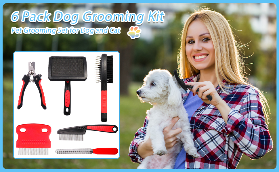 Набір для догляду за шерстю собак та котів Tonyg-p: щітка, гребінець від бліх, стригувач та пилка для нігтів (6 шт)