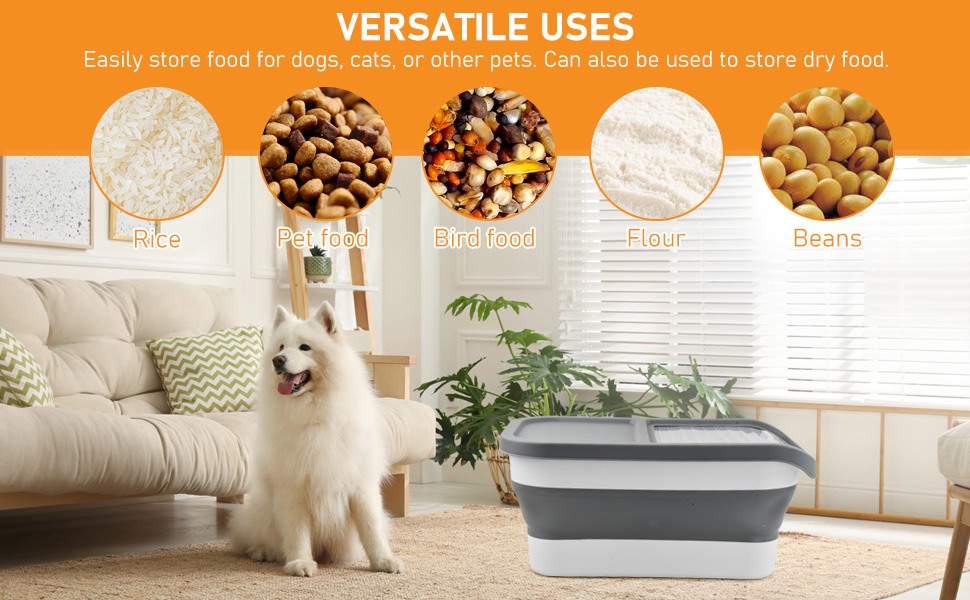 Контейнер для корму для собак та котів, 7 кг, сірий, з мірним стаканом та ложкою