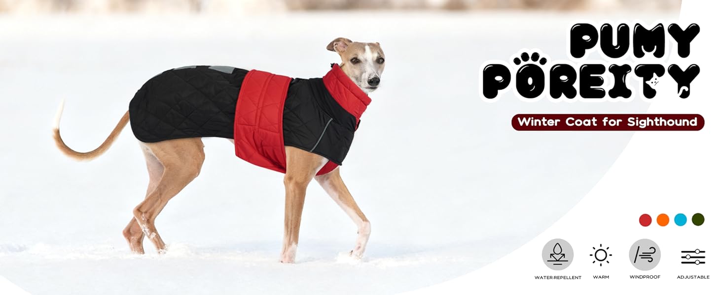 Зимовий теплий дощовик для собак Віндхунд (Whippet) - червоний, з відбиваючими смугами