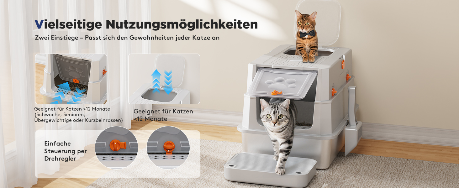 Закритий лоток для котів MIXJOY XXL з кришкою з нержавіючої сталі, дводверний туалет для великих та кількох котів з совком, сріблястий, 59x38x39 см