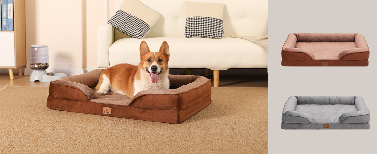 Ортопедичне ліжко для собак великих порід, ергономічне диван-лежанка з піною у формі подушки, водовідштовхуваче ліжко з неслизьким покриттям, 89x63 см, світло-сірий, коричневий, розмір 89 x 63 x 17 см