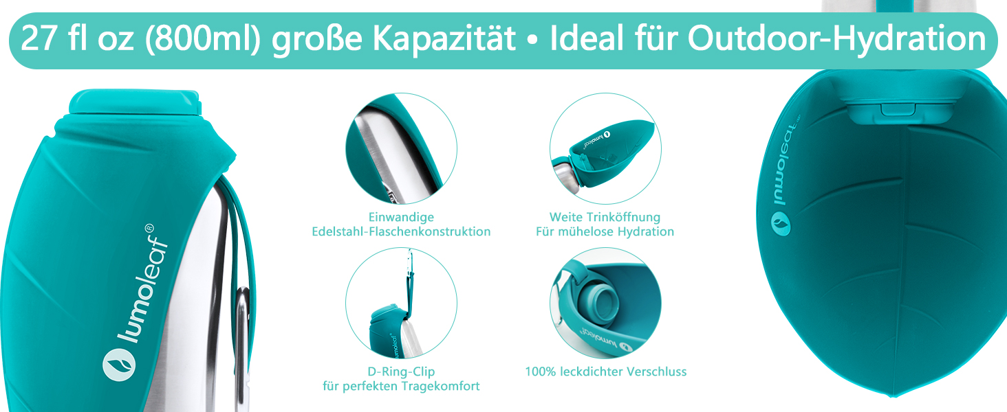 ЛьюмоЛіф - пляшка для води для собак, 800 мл, нержавіюча сталь, портативна, для подорожей, хандер, кемпінг (зелена)