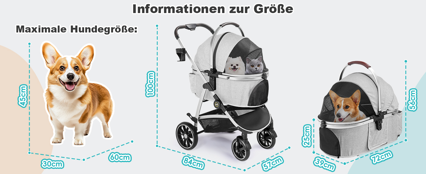 Візок для собак DAISTERN, складаний, до 25 кг, сірий. Легкий алюмінієвий каркас, поворотне EVA-колесо з амортизатором та гальмом, 4-в-1 для прогулянок, міста та ветеринара.