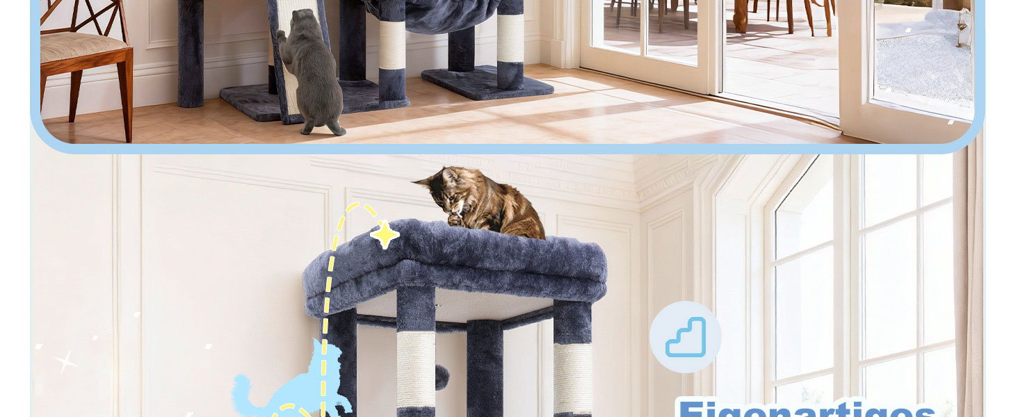 Котячий будиночок Hey-brother Kratzbaum: велика платформа, 2 печери, гамак, сизаль, кошик, 127 см, MPJ071W (димно-сірий)