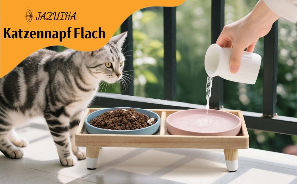 Підвищена годівниця для котів JAZUIHA з 2 широкими мисками, станція для годування з дерев'яною підставкою та силіконовою мискою, діаметр 18 см