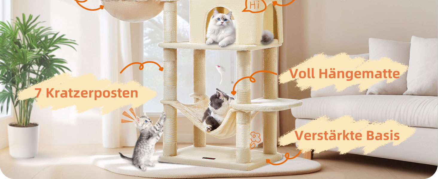 Декількаповерховий комплекс для котів Taoqimiao 170 см з будиночками, гамаком, корзиною та 8 стовпчиками для дряпання, MS013M, бежевий