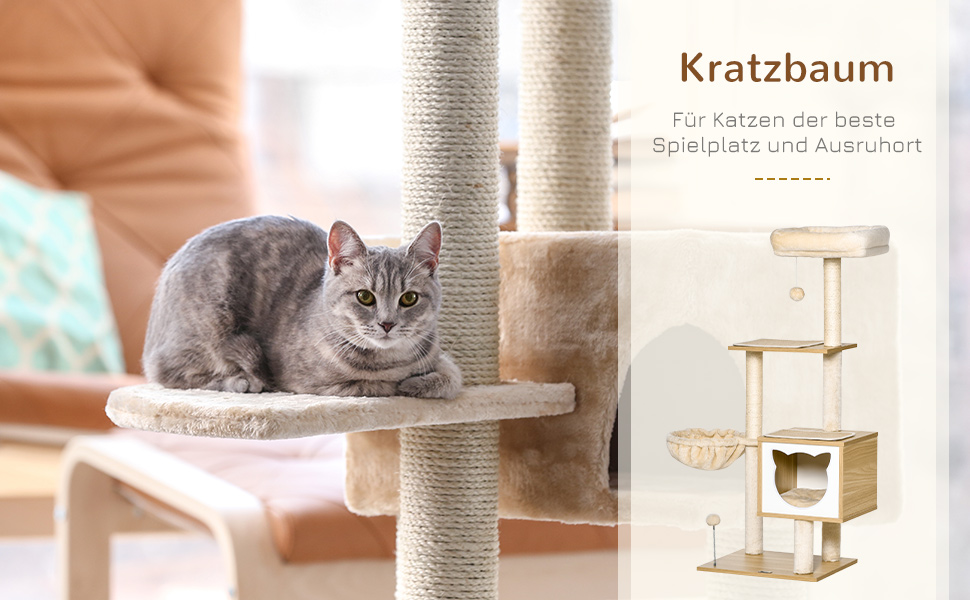 Дерев'яний кігтеточка для котів PawHut з будиночком та платформою, 126 см, з сизалю та коротким плюшем, бежевий